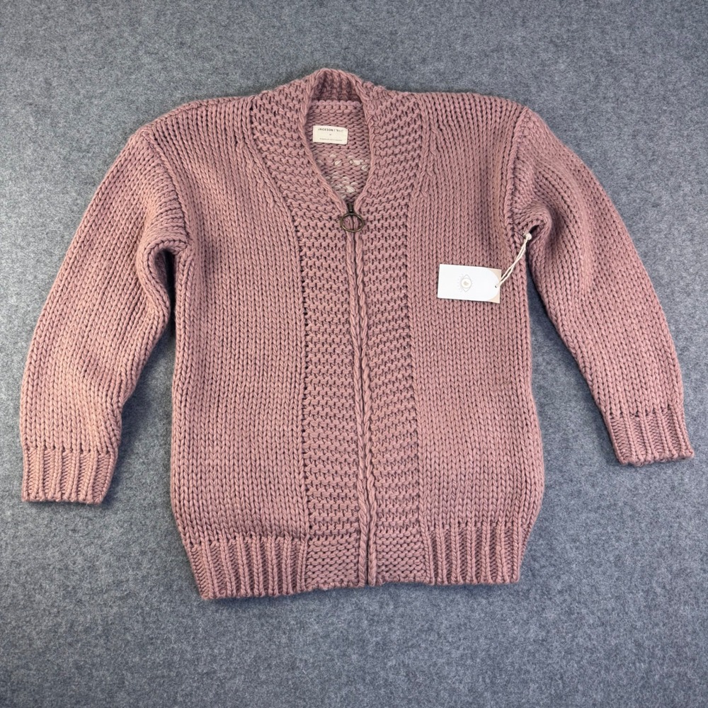 Jackson Rowe Womens Chunky Hand Knit Zip Up Cardigan Sweater Mauve Medium NWT - Picture 1 of 9